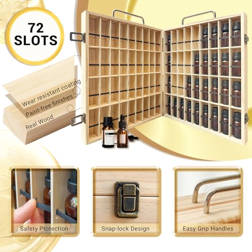 Pure Vie Wooden Essential Oil Storage Box Travel Organizer Case with Bottle Cap Label - Aromatherapy Nail Polish Fragrance Container, Holds 72 Bottle for 5-15ml - Keep Scented Oil Safe & Space Saver