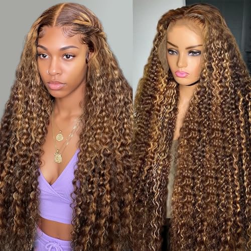 Water Wave Lace Front Wigs Human Hair 13x6 Ombre Honey Blonde Frontal Wig 200 Density P4/27 Highlight Colored Curly Wet and Wavy Lace Front Wigs Glueless Pre Plucked with Baby Hair (22 Inch)
