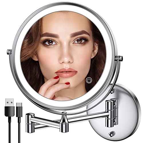 Rocollos Rechargeable Wall Mounted Lighted Makeup Mirror Chrome, 8 Inch Double-Sided LED Vanity Mirror 1X/10X Magnification,3 Color Lights Touch Screen Dimmable 360¡ÆSwivel 13 Inch Extendable