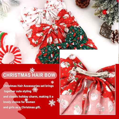 AMCAMI 3Pcs Christmas Bows Hair Clips,Bow Barrettes with Large Long Tail Ribbon,Christmas Hair Accessories Gifts Stocking Stuffers