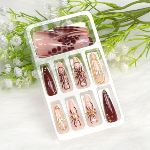 Stiletto Press on Nails Long Cute Flowers and Butterflies with Golden Lines and Steel Beads Fake Nails Press ons Brown Almond Acrylic Glue on Nail Glossy Stick on Nail for Women 24 Pcs