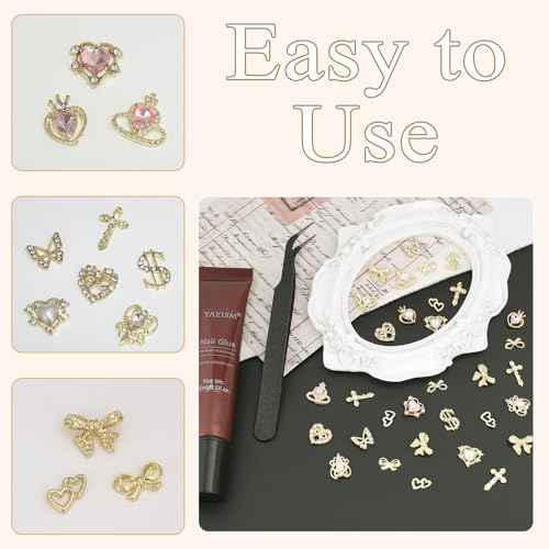 12 Grid Gold Nail Charms Kit - Crystal Pink Heart, Sparkly Dollar Sign, 3D Cross Butterfly Bowknot Charms - Y2K with Glue Gel, Tweezer for Women DIY Crafts Decoration