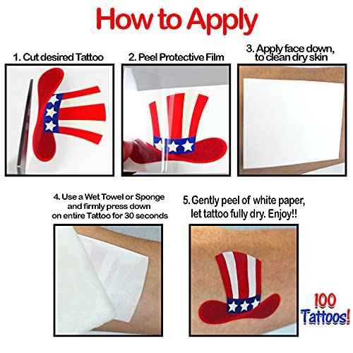 4th of July Temporary Tattoos | 100 USA Temporary Tattoos | American Flag, USA, Temporary Tattoos | 4th of July Party Props | USA Game Day Party Decoration | American theme Party Favors | by Anapoliz