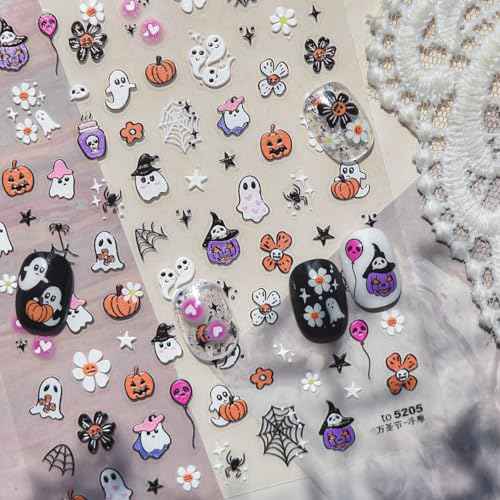 5D Embossed Halloween Nail Art Stickers Cute Ghost Nail Decals Self-Adhesive Pumpkin Skull Flower Spider Web Nails Design Stickers Halloween Nails Supplies for Women Holiday Manicure Decorations