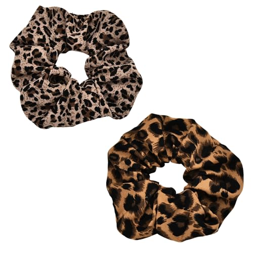 2 PCS Leopard Print Hair Scrunchies Satin Hair Bobbles Cheetah Print Scrunchy Hair Ties Elastic for Women Girls Silk Ponytail Holders Soft Hair Bobble Tie for Long Thick Hair Accessories