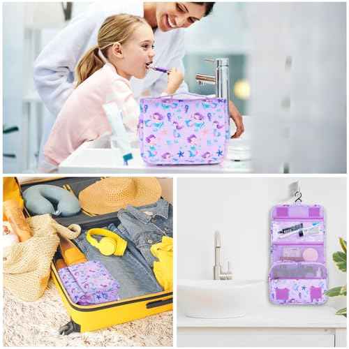 Kids Hanging Toiletry Bag for Girls, Travel Toiletry Bag for Little Young Girls Cosmetic Makeup Waterproof Wash Bag Toddler Traveling Toiletries, Mermaid Purple