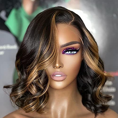 Glueless Short Body Wave Lace Front Wigs Human Hair with Blonde Highlight Pre Plucked 13X4 HD Transaprent Lace Wigs Side Part Medium Part Frontal Bob Wig For Women (12inch, Blonde Highlight)