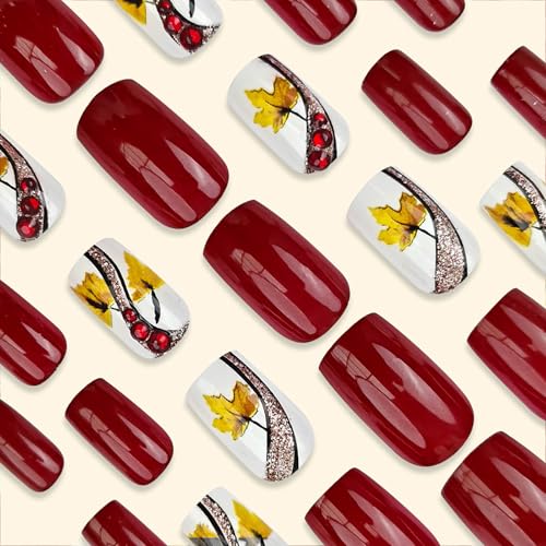 RTKHFZE Maple Leaf Press on Nails Medium Fake Nails Square Glue on Nails Glitter U?As Postizas Medium Nails Press ons Red Full Cover Acrylic Nails 24 Pcs