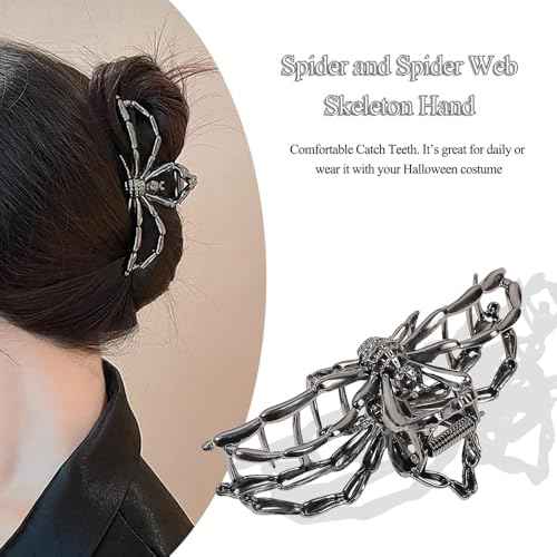 3PCS Black Spider Web Skeleton Hand Skull Hair Claw Clips for Women And Girls, Hiphop Metal Large Medium Size for Thick Thin Hair, Headband Barrette for styling Hair Accessories Party Gift (Black Gun)