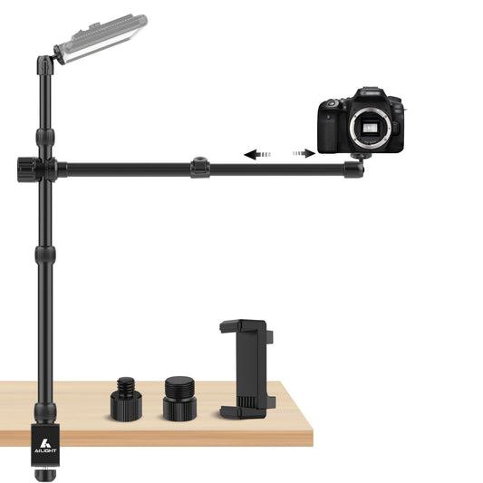 Ailight Camera Desk Mount Stand Overhead, Adjustable Microphone Boom Arm Mic Stand with Phone Holder, Camera Arm Clamp 5/8'' 3/8'' 1/4'' Screws for Shure, Blue Yeti, Rode, Elgato, Fifine, HyperX
