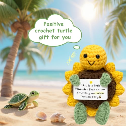 Funny Positive Turtle for Women Men - Inspirational Birthday Gifts for Friends, Mom, Sisters, Coworkers, Crochet Turtle with Encouragement Card, Cute Home Decor Emotional Cheer Support