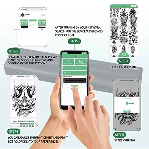 ATS886 Cordless Tattoo Stencil Printer - Rechargeable Inkless Machine - Bluetooth Tattoo Printer with 15pcs Transfer Paper for Temporary and Permanent,Compatible with iOS Phone