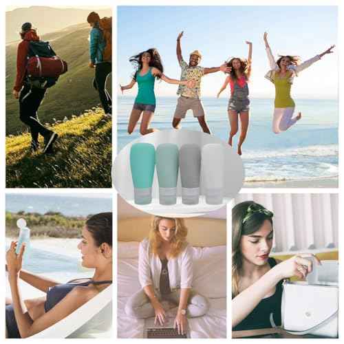 Silicone Travel Bottles, Leak Proof Squeezable Refillable Travel Accessories Toiletries Containers Travel Size Cosmetic Tube for Shampoo Lotion Soap Liquids (2oz Grey/blue/white/green)