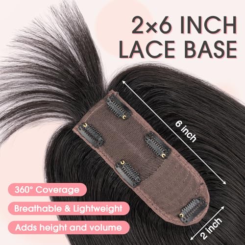 TESS Real Hair Toppers for Women Handmade Lace Base Womens Clip In Hairpieces with Bangs 5 Clips Natural Coverage Soft and Secure 2¡¿6", Nature Black