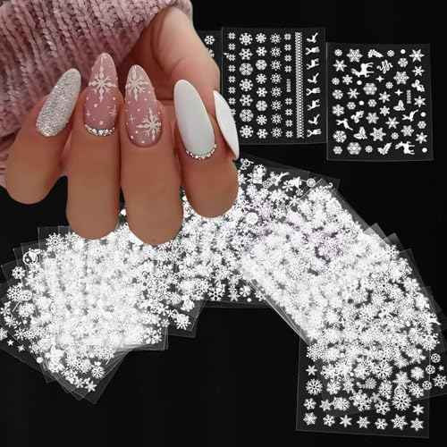 30 Sheets Christmas Nail Art Stickers Winter Nail Stickers Christmas Snowflake Design 3D Self-Adhesive Nail Decals for Nail Art Xmas Nail Sticker White Christmas Nail Art Supplies for Women