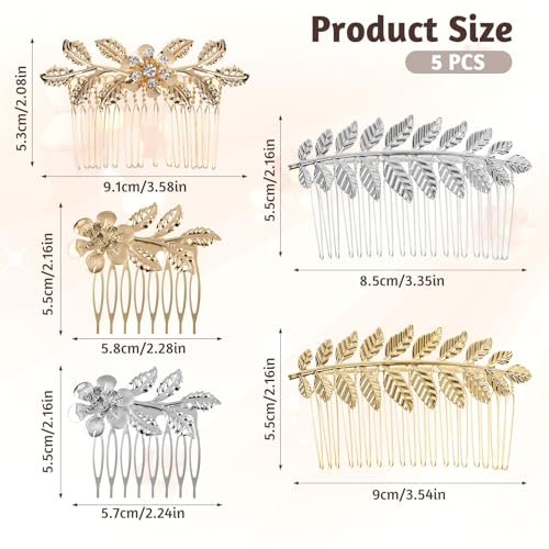 5PCS Leaf Hair Combs for Women Accessories Gold Silver Rhinestone Hair Comb Clips with Teeth Combs for Wedding Metal Decorative French Twist Slide Comb for Bride Bridesmaid Christma Parties Prom Dance