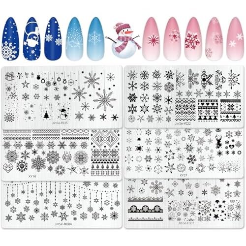 6Pcs Winter Snowflake Nail Art Stamping Plate Kit Christmas Assorted Snowflake Nail Art Plate for Xmas DIY Print Manicure Salon Studio
