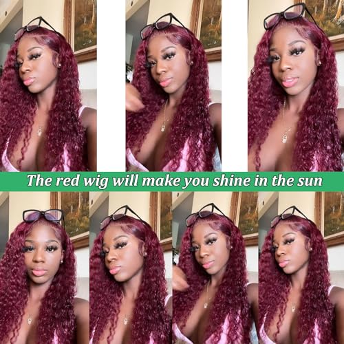 Burgundy Lace Front Wigs Human Hair 24Inch Brazilian Virgin Deep Wave Red Lace Front Wigs Human Hair 180% Density 99j Burgundy Frontal Wig Human Hair(24Inch, 99j Burgundy)