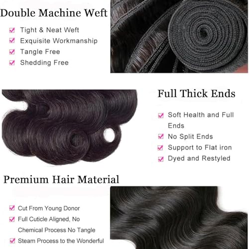12A Human Hair Bundles 20 22 24 26 Inch Body Wave Human Hair 100% Unprocessed Brazilian Virgin Weave 4 Bundles Real Natural Black Wavy Human Hair Extensions for Women