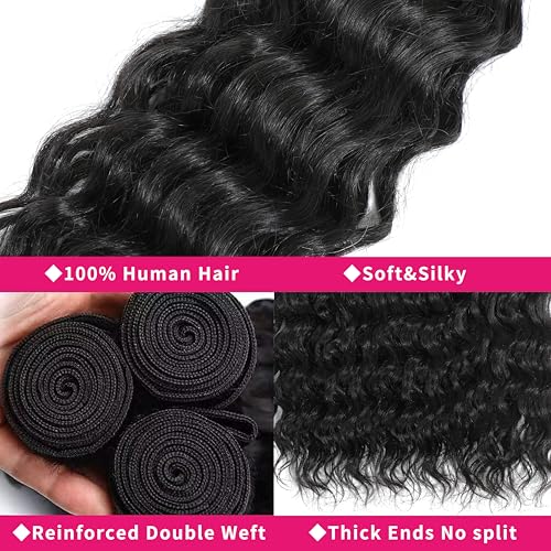 Water Wave Bundles Human Hair 20 22 24 Inch Deep Curly Human Hair Bundles 100% Unprocessed Brazilian Natural Wave Quick Weave Hair for Women Natural Black