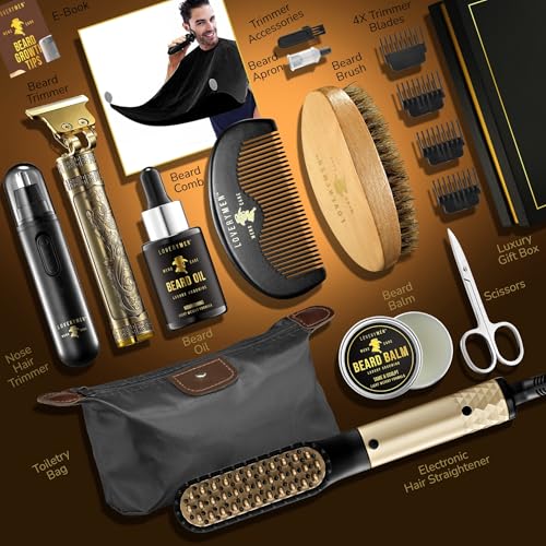 Christmas Gifts for Men, Dad, Him - Mens Grooming Beard Kit, Beard Trimmer, Nose Hair Trimmer, Hair Straightener Brush, Oil, Balm & More, 15pc Beard Kit for Men Care Mens Gift Birthday