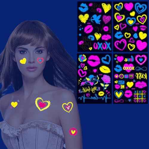 Glow In The Dark Heart Temporary Tattoos,Luminous Neon Valentines Day Temporary Tattoos, Bride Wedding Valentine Heart Music Rave Festival Tattoos Stickers For Women Men Adults(Neon Heart)