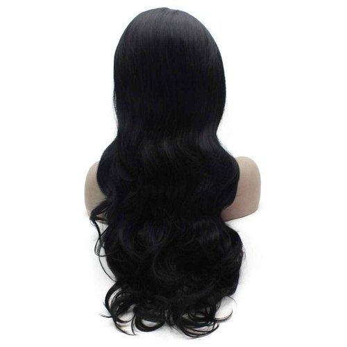 MX angel Long Wavy Lace Wigs Deep Part 13x6 Inch Half Hand Tied Natural Black Synthetic Lace Front Wig