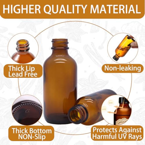 6 Pack 2oz Amber Glass Bottles for Vanilla Extract, Boston Round Leak-Proof Brown Glass Jars with Caps, Bonus Funnel - Ideal for Homemade Extracts, Essential Oils, DIY Christmas Party Gift Supplies