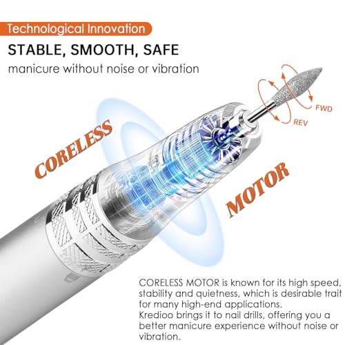 Kredioo Nail Drill Professional Super Quiet with Coreless Motor 35000RPM Electric File 6+1 Tungsten Bits Kit Portable Strong Drill para u?as Profesional Remove Acrylic Nails Dip Powder-Orange