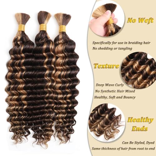 Human Braiding Hair 3 Bundles/Pack 150g Highlight 4/27 Curly Water Wave Bulk Hair for Braiding No Weft 12A Brazilian Virgin Human braiding Hair for Boho Braids (Highlight 4/27 Color, 20 inch)