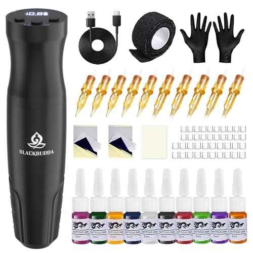 Tattoo Kit for Beginners,Cordless Tattoo Gun Complete Tattoo Kit with LED Digital Display,Wireless Tattoo Machine kit with 10Pcs Cartridge Needles, Tattoo Pen Kit CTG501 (Black)