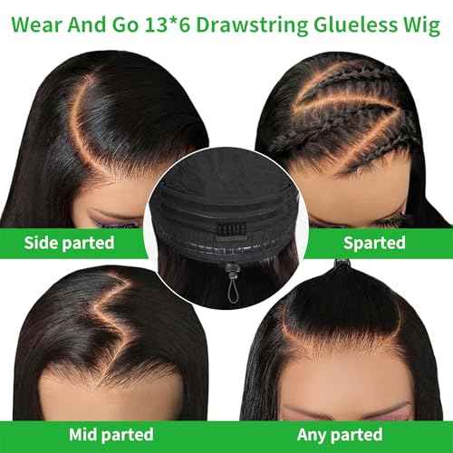 GABRIELLE 28 Inch Drawstring Wear And Go 13x6 Lace Front Body Wave Glueless Wigs Human Hair Brazilian Pre Plucked Pre Cut 200 Density HD Lace Frontal Wigs for Women Natural Black Glueless Wig