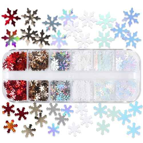 12 Grids Snowflake Nail Glitter Sequins 3D Snowflake Nail Art Stickers Decals Holographic Laser Snowflake Glitter for Nails Face Crafts Confetti Christmas Nail Snowflake Glitter Flakes Snow Nail Art