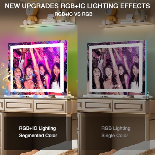 COOLJEEN RGB Vanity Mirror with Lights 23¡± X 18¡± Makeup Mirror with Front Light and RGB Backlit Lighted Makeup Mirror with 3 Color Lighting Dimmable Tempered Glass 10x Magnification and Wall-Mounted