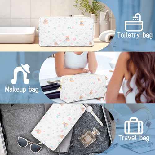 Cotton Quilted Makeup Bag Cute Coquette Floral Cosmetic Pouch for Brushes and Travel Make Up Accessories