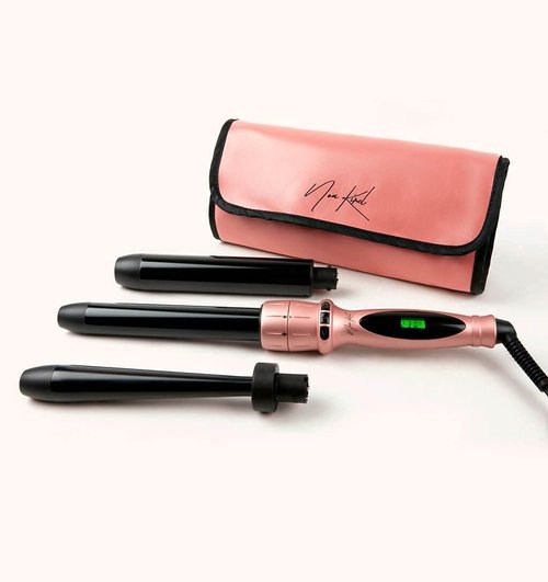 NuMe x Noa Kirel Triple Threat - Tourmaline Ceramic 3 in 1 Curling Wand Set with Interchangeable Barrels - Far Infrared Heat, Negative Ion Conditioning - Storage Case and Accessories