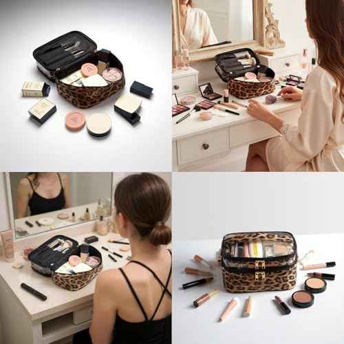 Double-layer Cosmetic Bag Makeup Bag Travel Makeup Bag Makeup Bags for Women Cosmetics Cases Portable Waterproof Foldable (Leopard)