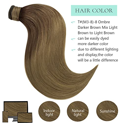 Long Ponytail Extension Human Hair Balayage Ponytail Hair Extensions Natural Wrap Around Clip on Ponytails for Women with Magic Paste 20 Inch 90g Ombre Darker Brown Mix Light Brown to Light Brown