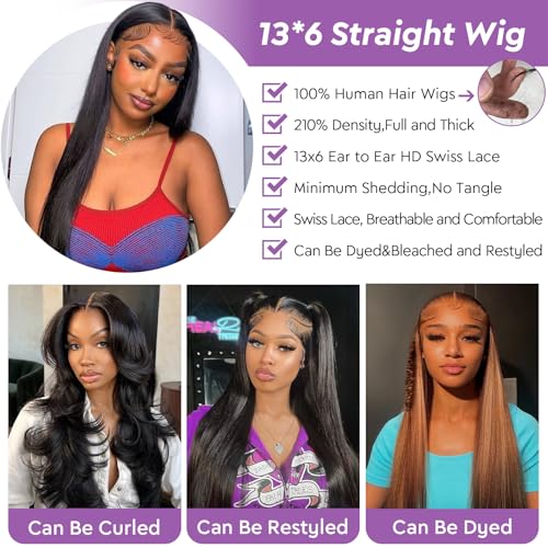 22Inch 13x6 Lace Front Wigs Human Hair 210 Density Straight HD Lace Front Wigs Human Hair Pre Plucked with Baby Hair Glueless Wig Virgin Hair Lace Front Wigs for Women (13X6 Straight Wig, 22Inch)