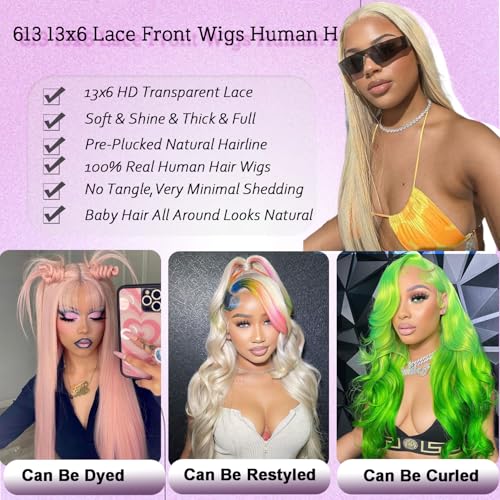 Straight Wigs Human Hair 613 13x6 Lace Front Wig Human Hair Blonde Wig for Women 180% Density 24 Inch, Natural Shine, Pre Plucked with Invisible Hairline, No Tangle, Beginner-Friendly Install