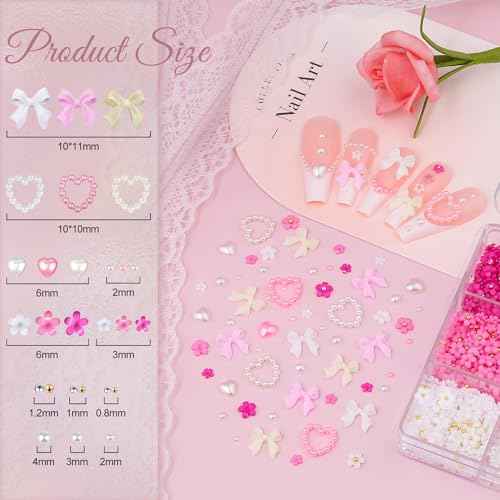 3D Nail Charms and Gems Set 7, 20PCS Chunky Butterfly Charms + 75PCS Coquette Nail Bows and Hearts + 3D Flowers for Nails with Rhinestones, Pearls, Diamonds and Picker Tools for Y2K Nail Decor