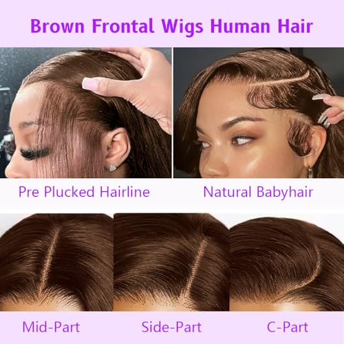 250% Density Body Wave Wigs Human Hair Pre Plucked 22 Inch Chocolate Brown Lace Front Wig Human Hair Brown Wig Pre Plucked Colored Frontal Wigs Human Hair
