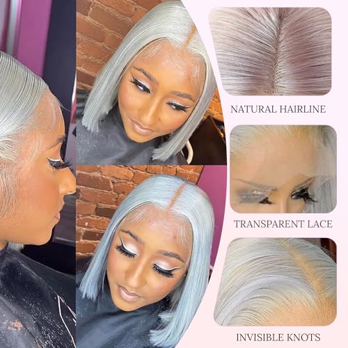 Grey Bob Wigs Human Hair 13¡¿4 Grey Lace Front Wigs Human Hair HD Lace Frontal Wigs 180 Density Grey Human Hair Bob Wigs for Black Women 12 Inch