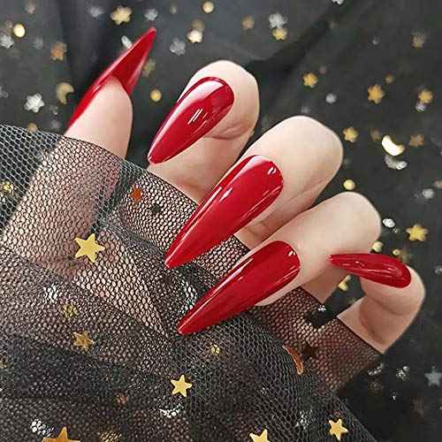 Mosako Stiletto Press on Nails Extra Long Fake Nail Red False Nails Tips Glossy Full Cover Acrylic Nails Faux Fingernails Manicure Designed Stick on Nails for Women and Girls 24Pcs