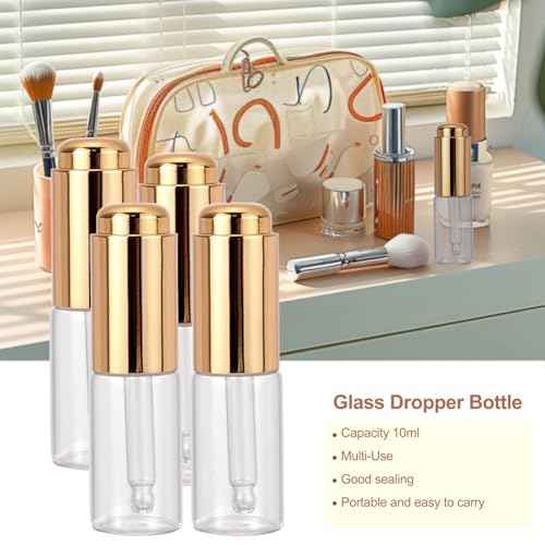 Ellbest 8Pcs 10ml Clear Press Dropper Bottles, Empty Refillable Essential Oil Bottles Container Perfume Cosmetic Bottle Travel Pressing Dropping Bottle, Gold Cap