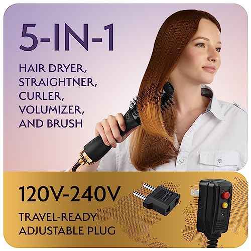 Professional Dual Voltage Blowout Hair Dryer Brush for European Travel 110V-120V/220V-240V, Black Gold Dryer and Volumizer, Hot Air Brush for Women, 2.4 INCHES Oval Shape
