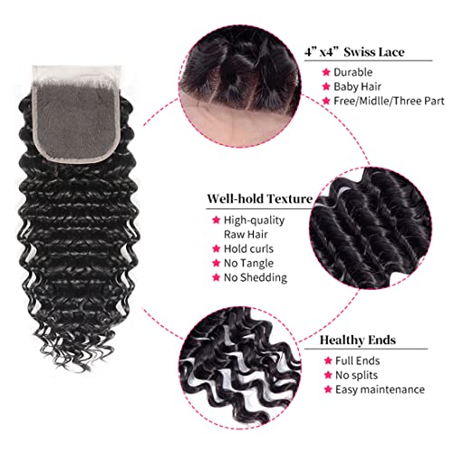 3 Bundles with Closure Human Hair (14 16 18+12 Closure) Deep Wave Bundles with Closure 100% Unprocessed Brazilian Virgin Remy Hair 4x4 Lace Closure with Baby Hair Free Part Pre Plucked for Black Women