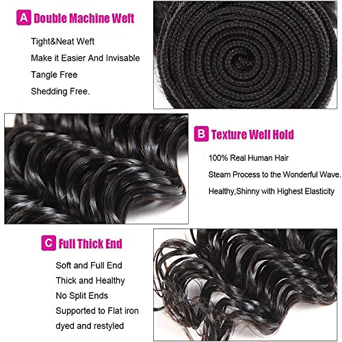 Human Hair Bundle Natural Black Deep Wave Bundles 20 22 24 inch 100% Unprocessed Brazilian Virgin Hair 3 Bundles #1b Color Natural Black 150g