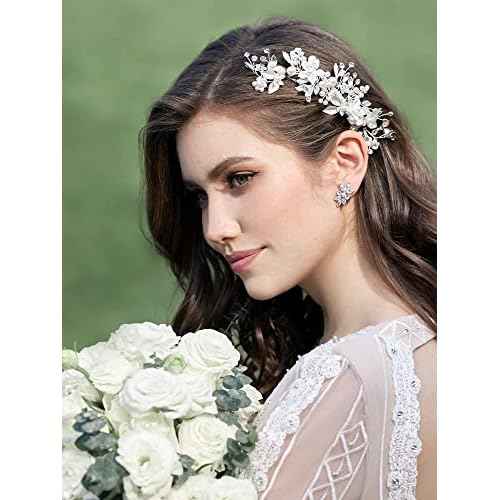 SWEETV Wedding Hair Clip Comb Handmade Bridal Hair Accessories for Women Wedding Hair piece,Silver