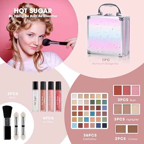 Hot Sugar Girls Makeup Kit Age 4-6 7-8 10-12, Little Girl Makeup Set, Makeup Kit for Teenagers 13-15 Includes Eyeshadow Lip Gloss Blush Highlighter Bronzer Brush (Rainbow)